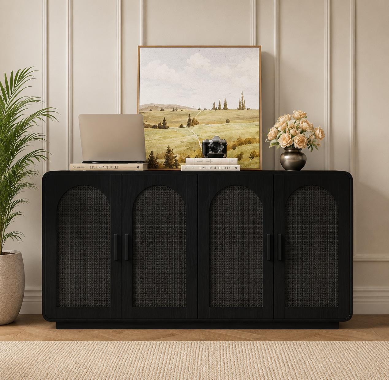 Black Rattan Sideboard with LED Lighting and Power Outlet