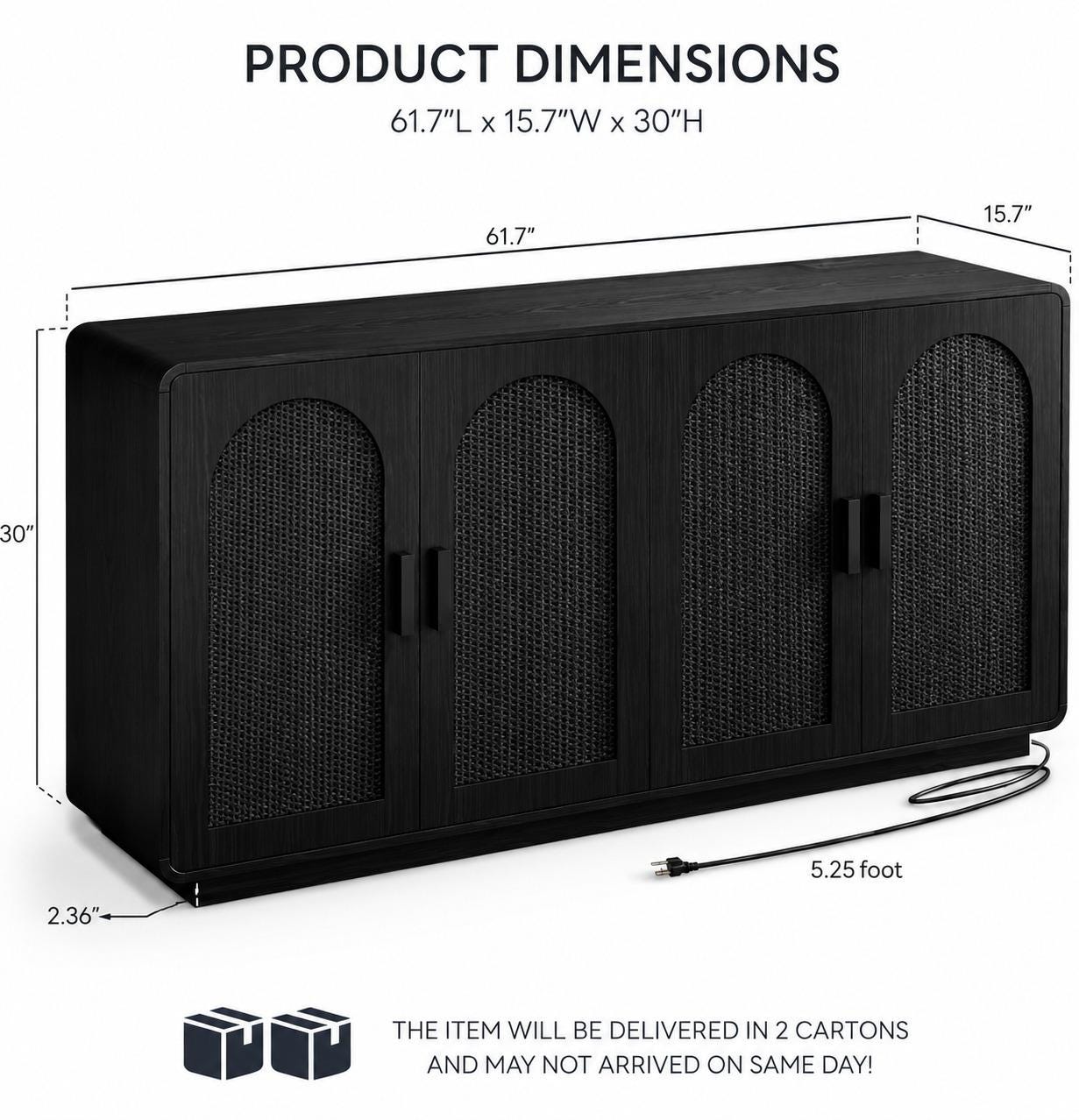 Black Rattan Sideboard with LED Lighting and Power Outlet