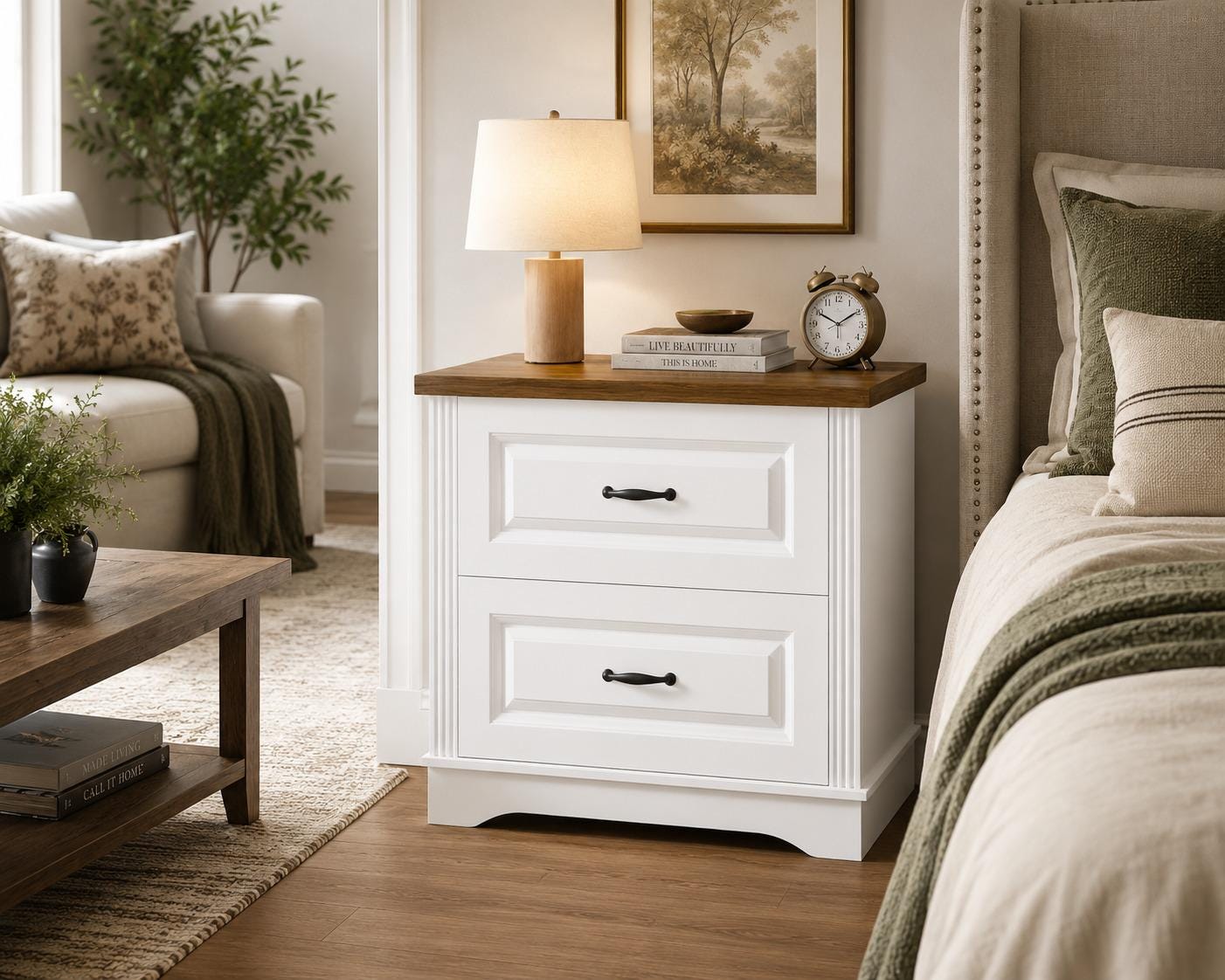 Farmhouse Nightstand, 24" Wide End Table With Two Drawers, White Cabinet Natural Wood Top
