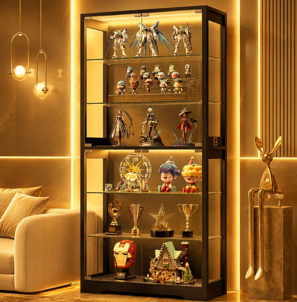 Display Cabinet with Glass Door, 6-Tier 71" Curio Cabinet with 3 Color Lights for Collectibles, Display Case with Adjustable Glass