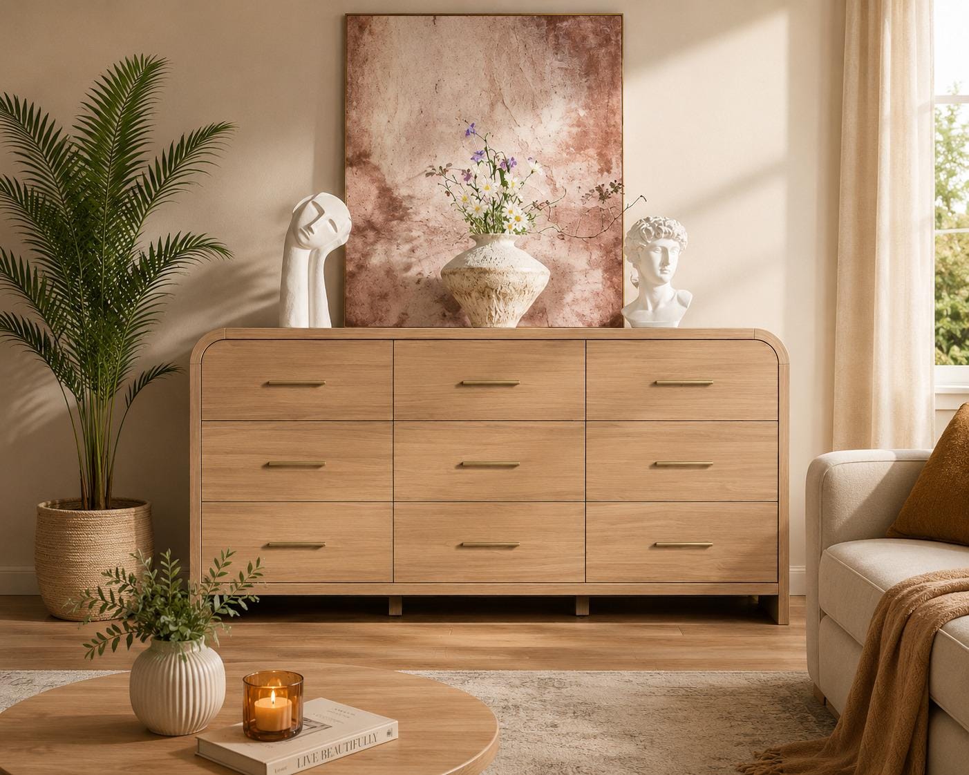 Wide 63" Oak 9-Drawer Dresser, Curved Modern Storage Chest