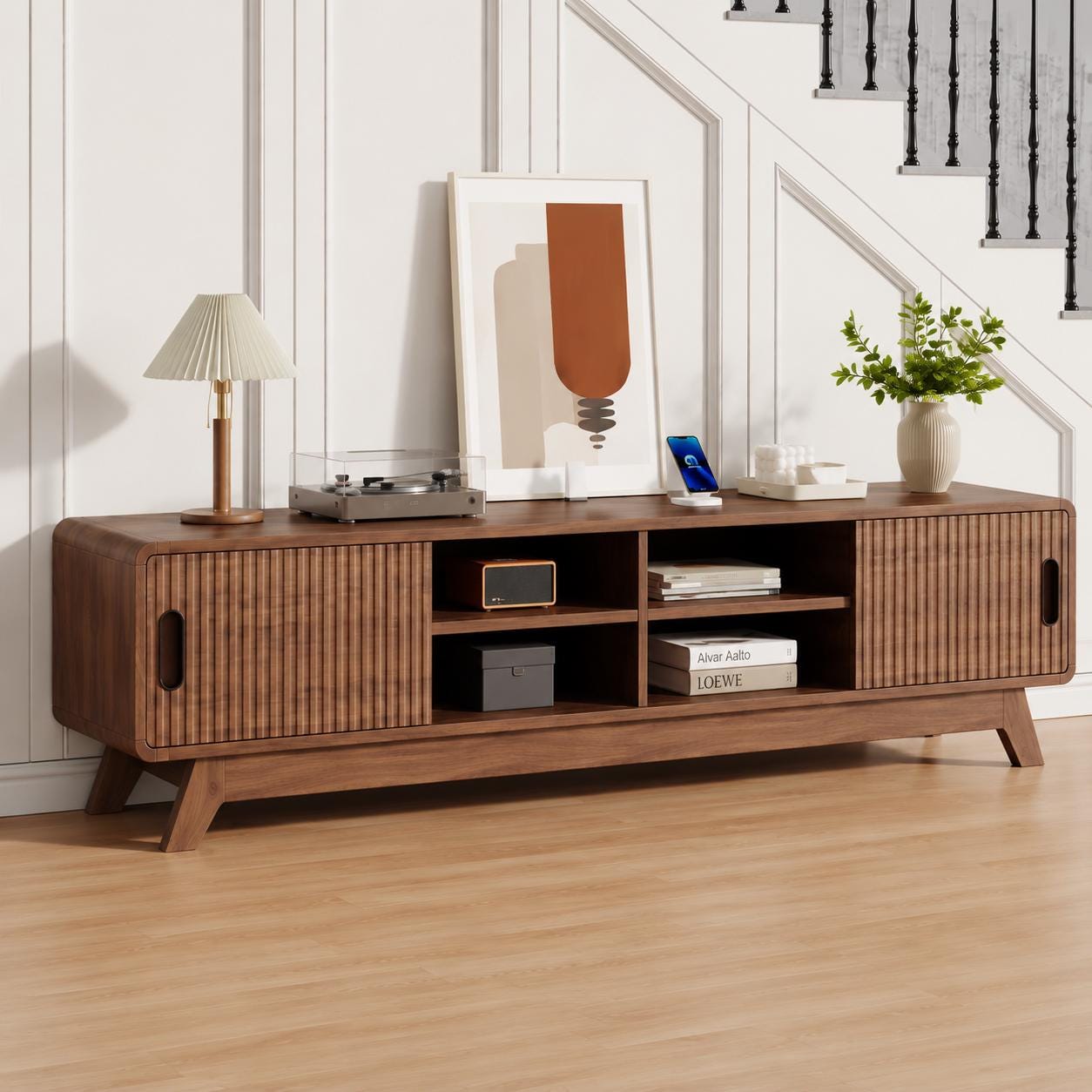 Mid-Century Modern TV Stand, Fluted Cabinet Doors, Open Shelves Entertainment Center