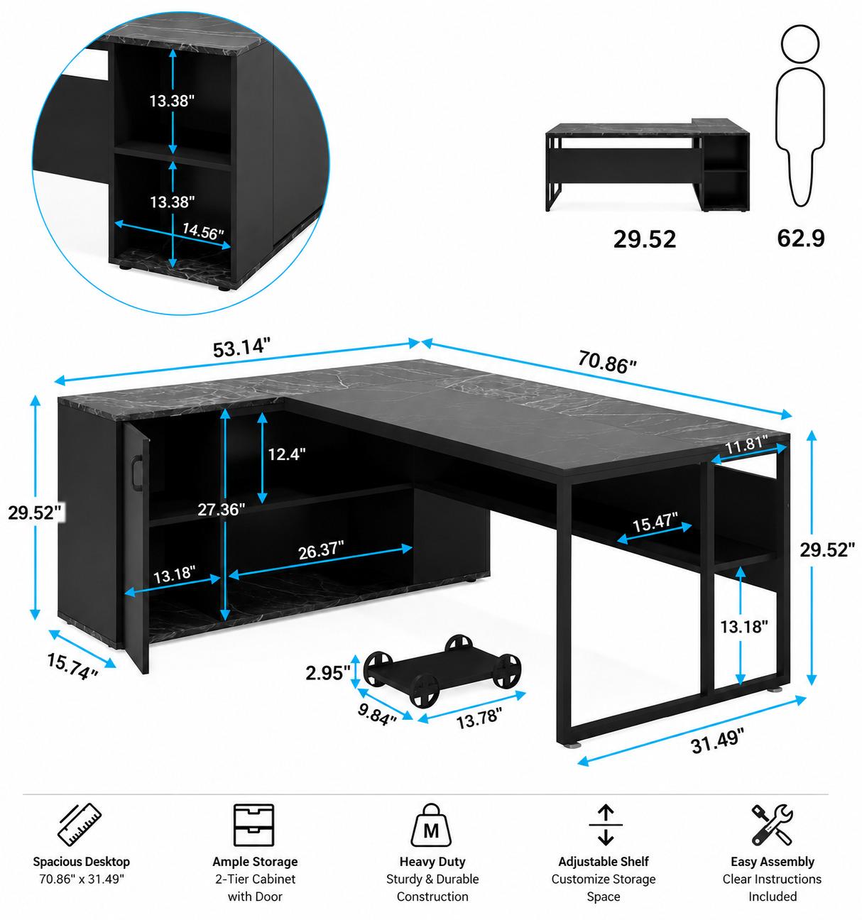 Tribesigns 71 inch Executive Desk, L Shaped Desk with Cabinet Storage, Executive Office Desk with Shelves, Business Furniture