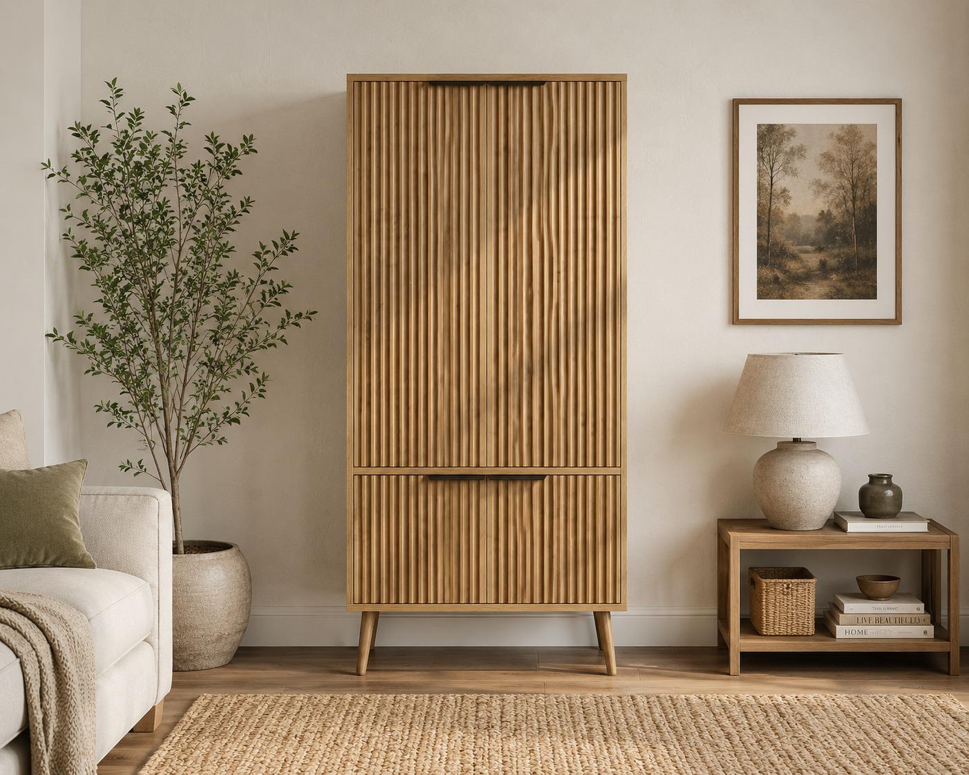 Oak Fluted Tall Pantry Cabinet, Modern Wood Storage, Adjustable Shelves