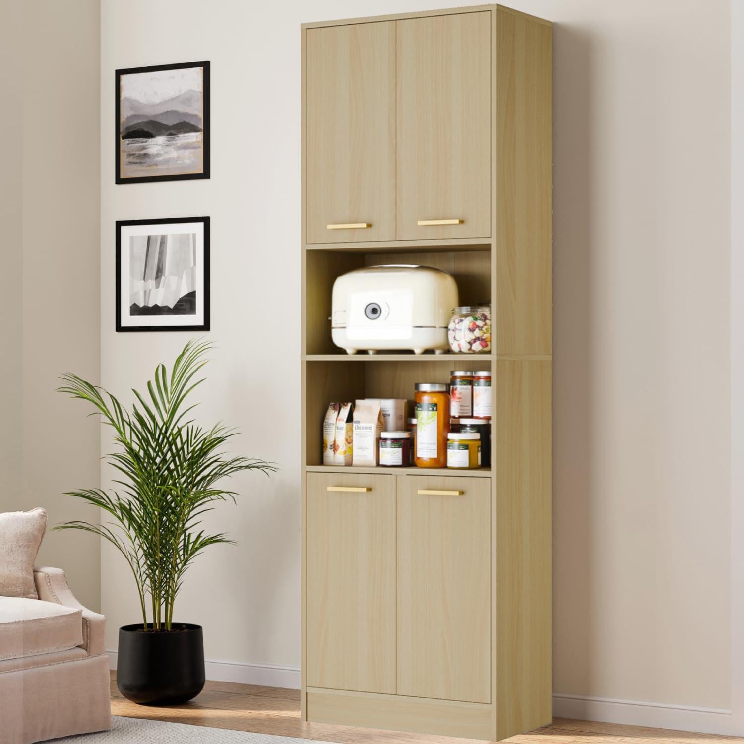 Tall Kitchen Pantry Cabinet, 4 Doors, Open Shelf, Engineered Wood Storage