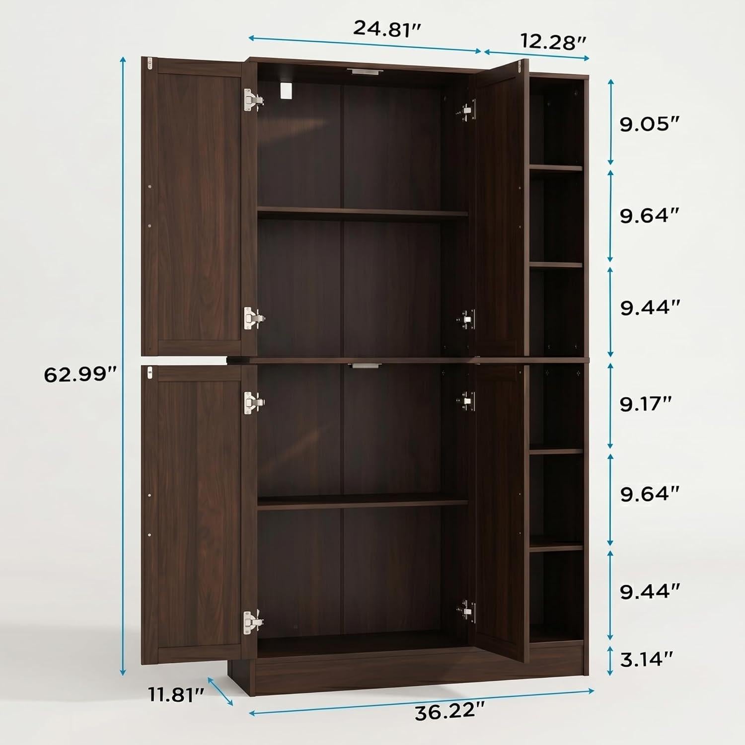Tall Brown Wood Pantry Cabinet, Modern Kitchen Storage, Coffee Bar Microwave Stand