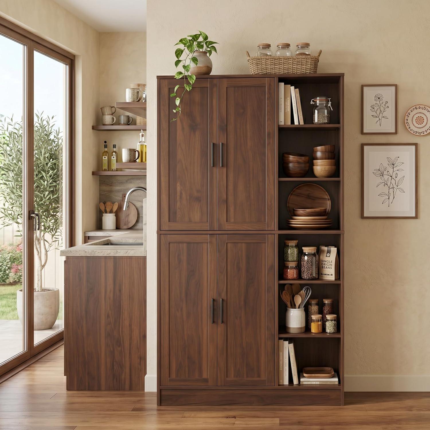 Tall Brown Wood Pantry Cabinet, Modern Kitchen Storage, Coffee Bar Microwave Stand