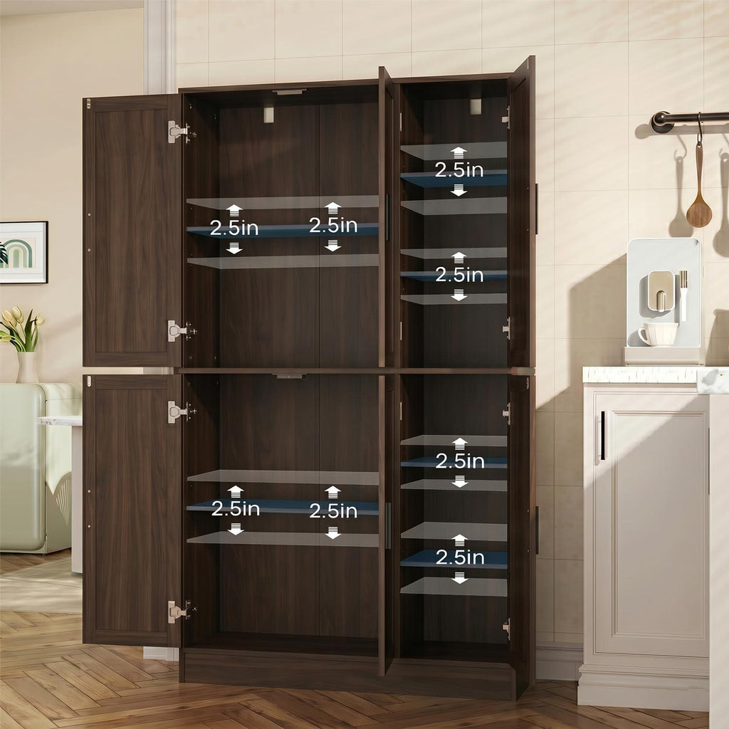 Tall Brown Wood Pantry Cabinet, Modern Kitchen Storage, Coffee Bar Microwave Stand