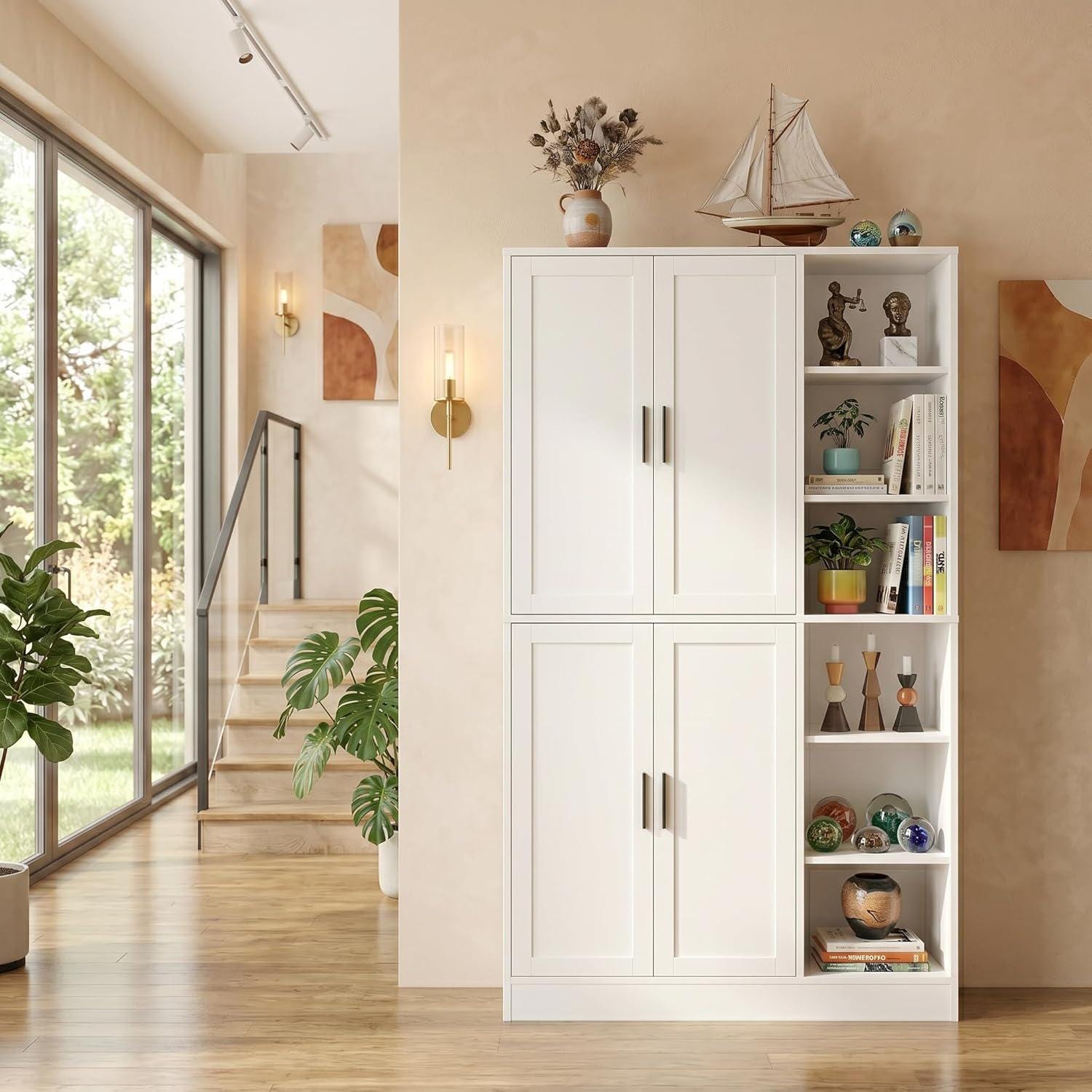 Tall Brown Wood Pantry Cabinet, Modern Kitchen Storage, Coffee Bar Microwave Stand