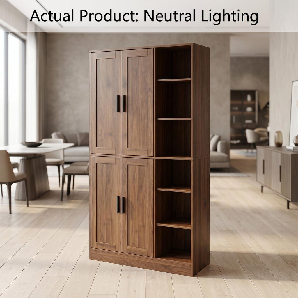 Tall Brown Wood Pantry Cabinet, Modern Kitchen Storage, Coffee Bar Microwave Stand