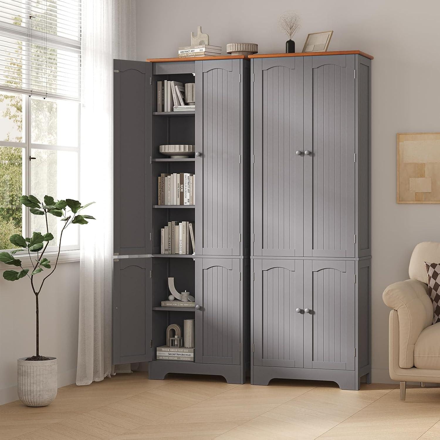 Grey Tall Pantry Cabinet, 4 Doors, Adjustable Shelves, Modern Storage Solution