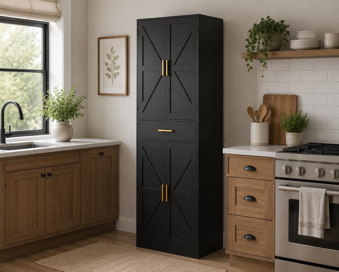 71" Farmhouse Pantry Cabinet, Coal Black, 4-Door Storage, Adjustable Shelves