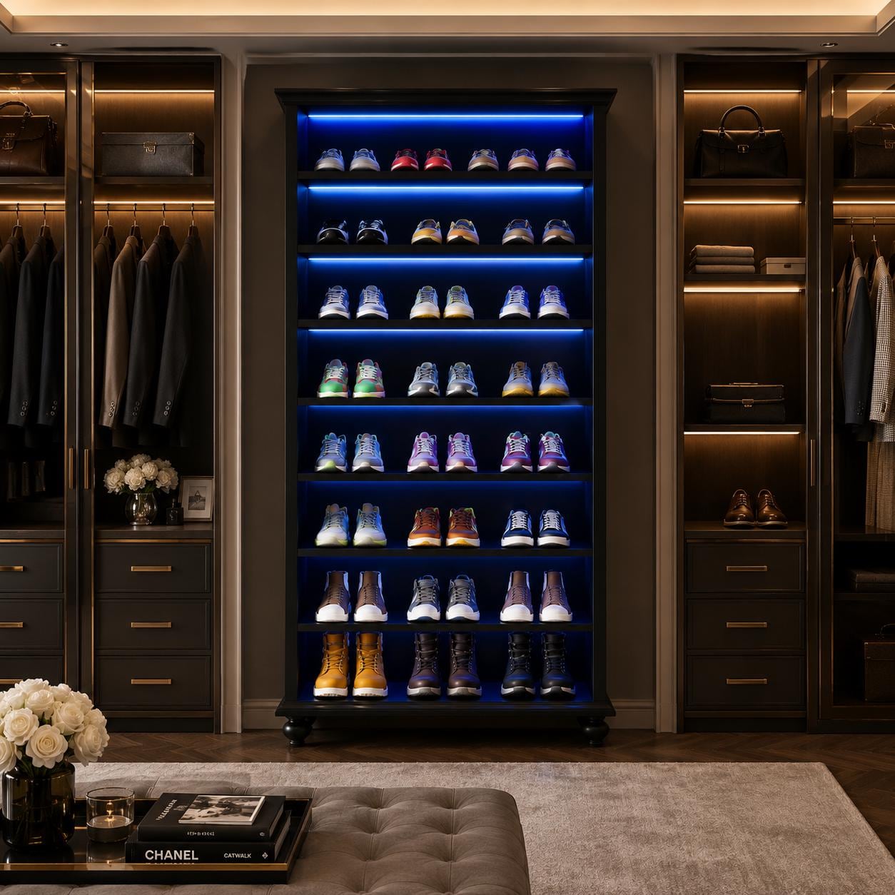 9-Tier LED Shoe Cabinet, 30 Pair Wood Storage Organizer, Adjustable Shelves, 64-Color Lights