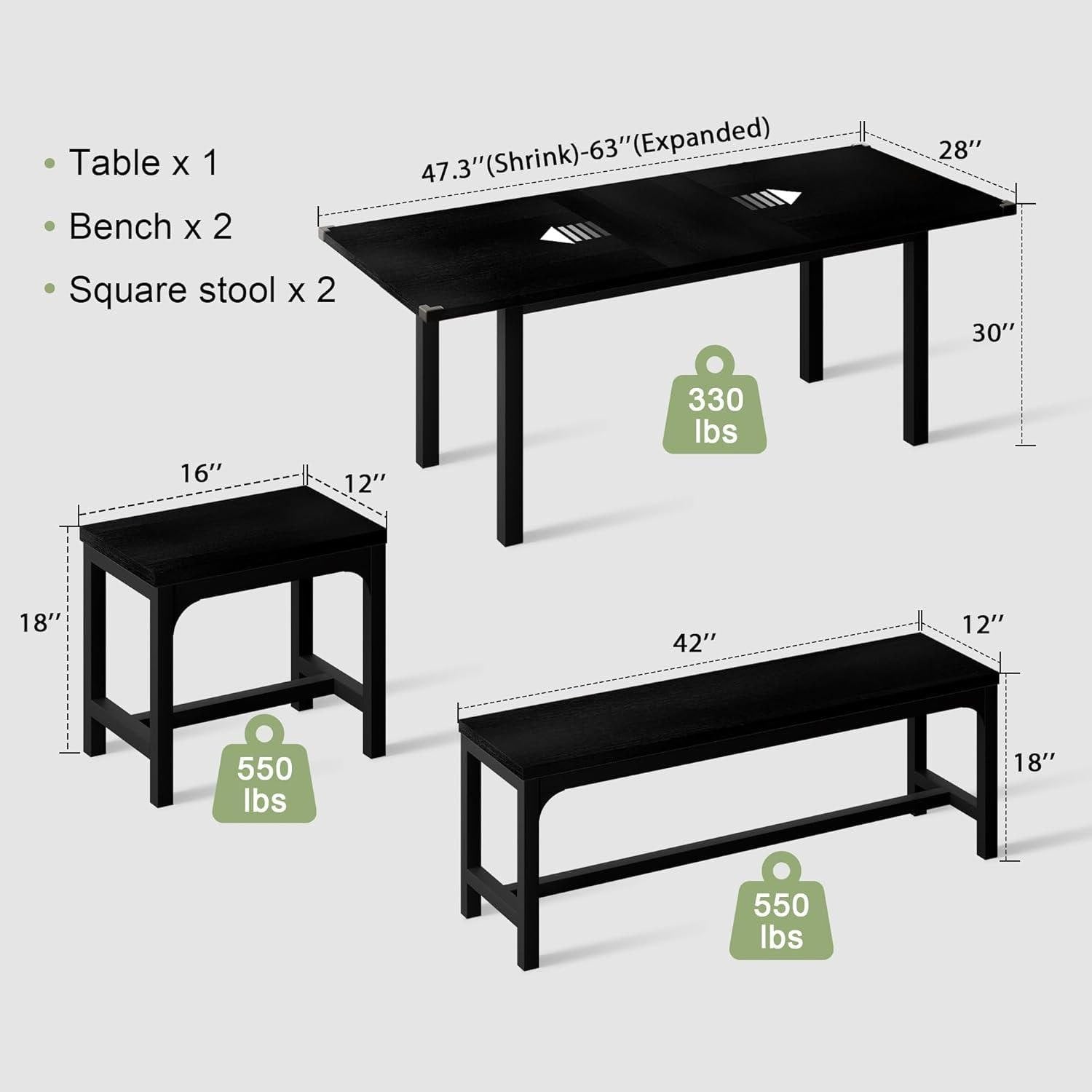 Feonase 5-Piece Extendable Dining Table Set for 4-8 People, 63" Kitchen Table with 2 Benches & 2 Stools, Black