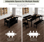 Feonase 5-Piece Extendable Dining Table Set for 4-8 People, 63" Kitchen Table with 2 Benches & 2 Stools, Black