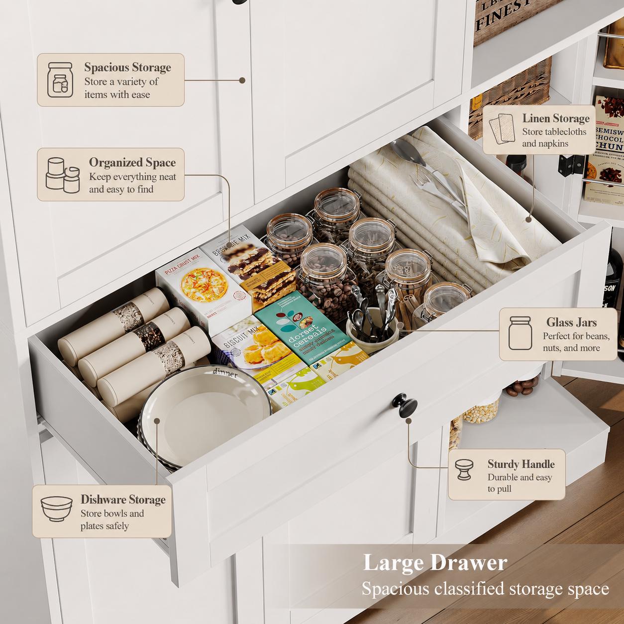 68” Tall Kitchen Pantry Cabinet with Drawer | White Freestanding Storage Cabinet with Doors & Shelves | Modern Kitchen Hutch Organizer