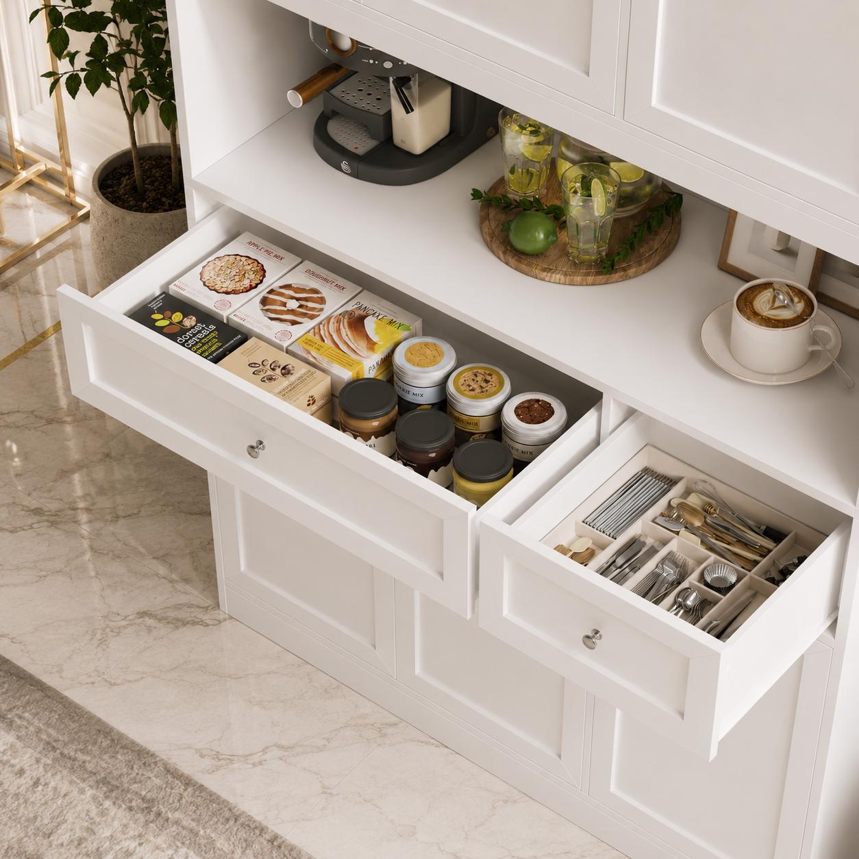 72" White Farmhouse Kitchen Pantry Cabinet Hutch, Microwave Stand, Storage Shelves