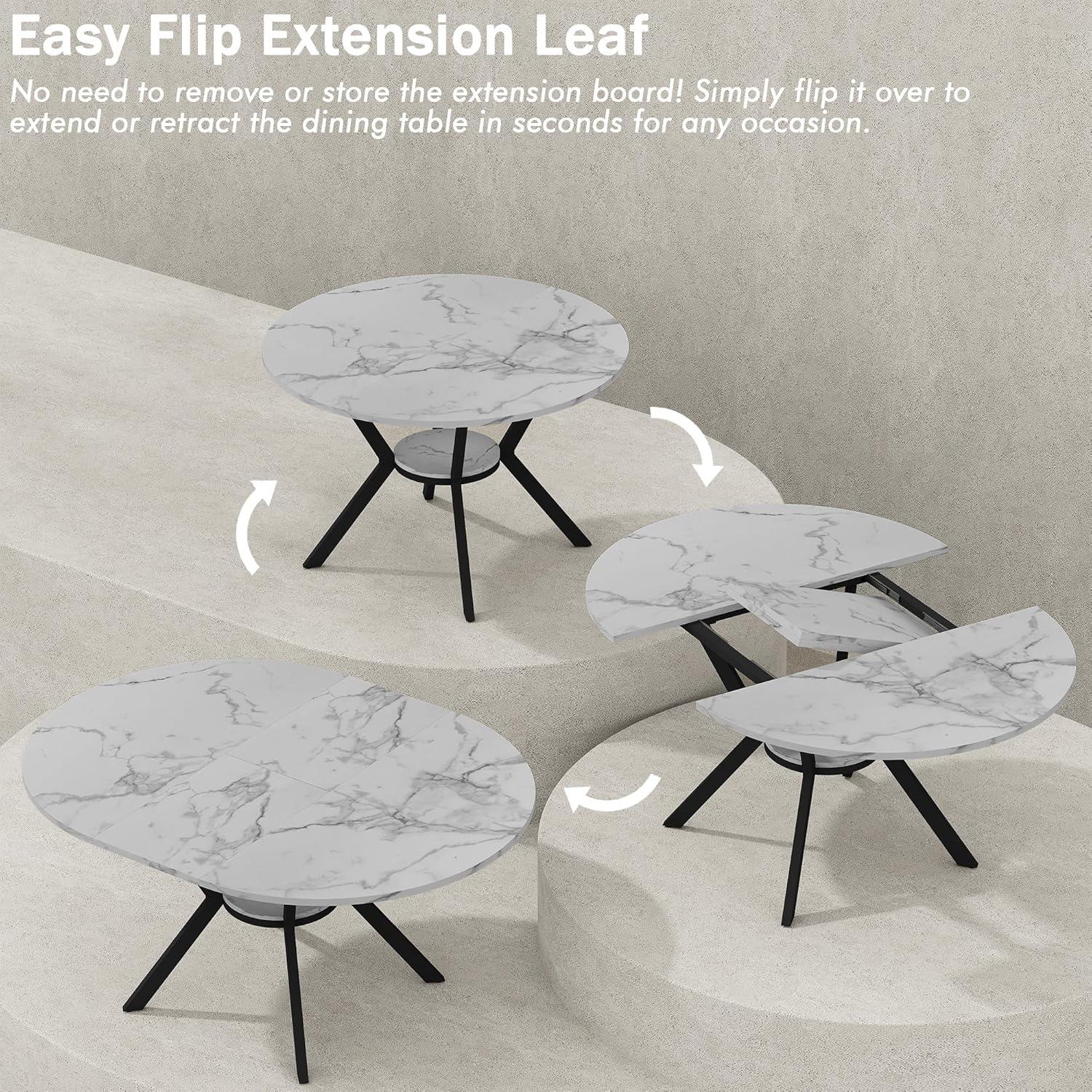 42"-58" Extendable Round Dining Table for 4-6, Oval Kitchen Table with Hidden Leaf, Storage Shelf & Metal Legs, Space-Saving Design