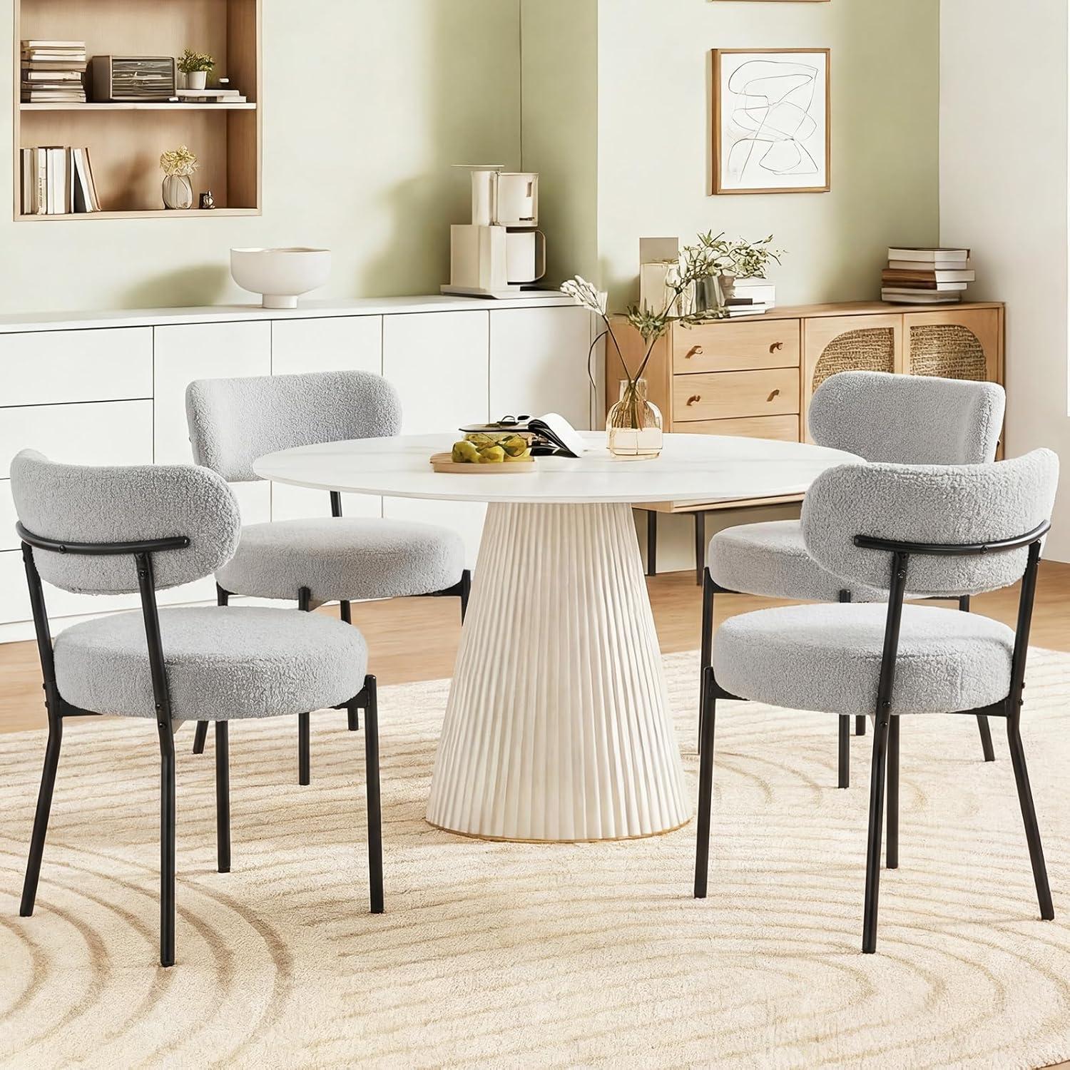 DUMOS Set of 4 Dining Chairs, Mid Century Modern Upholstered Boucle Chairs with Curved Backrest, Black Metal Legs Kitchen & Living Room