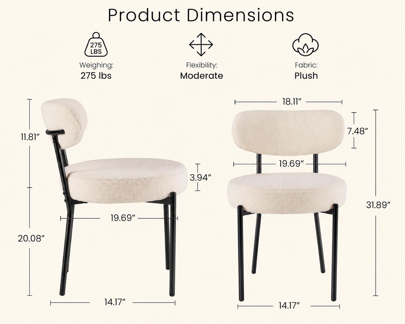 DUMOS Set of 4 Dining Chairs, Mid Century Modern Upholstered Boucle Chairs with Curved Backrest, Black Metal Legs Kitchen & Living Room