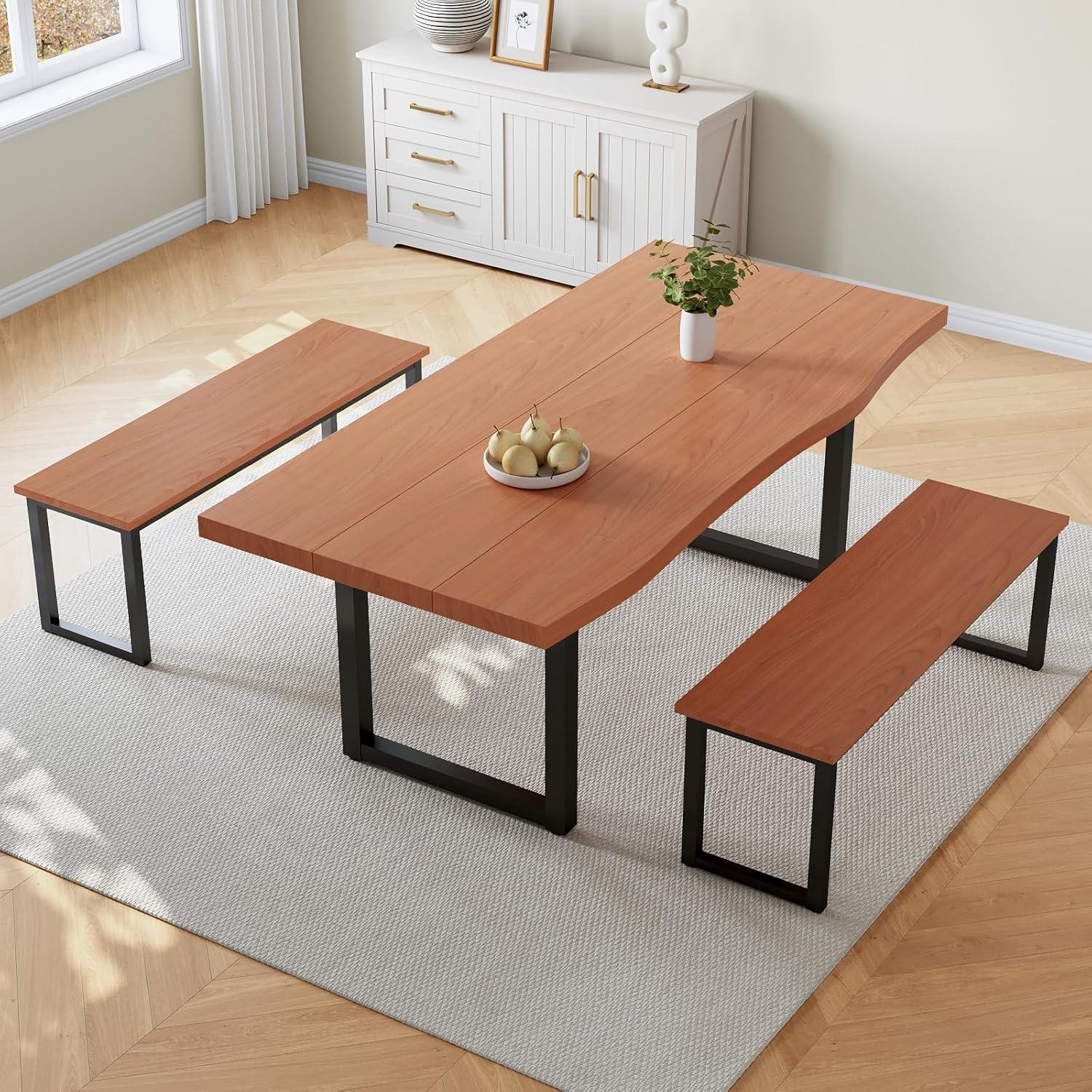 Modern Dining Table Set with 2 Benches, Seats 4-6, 63" Rectangular Kitchen Table