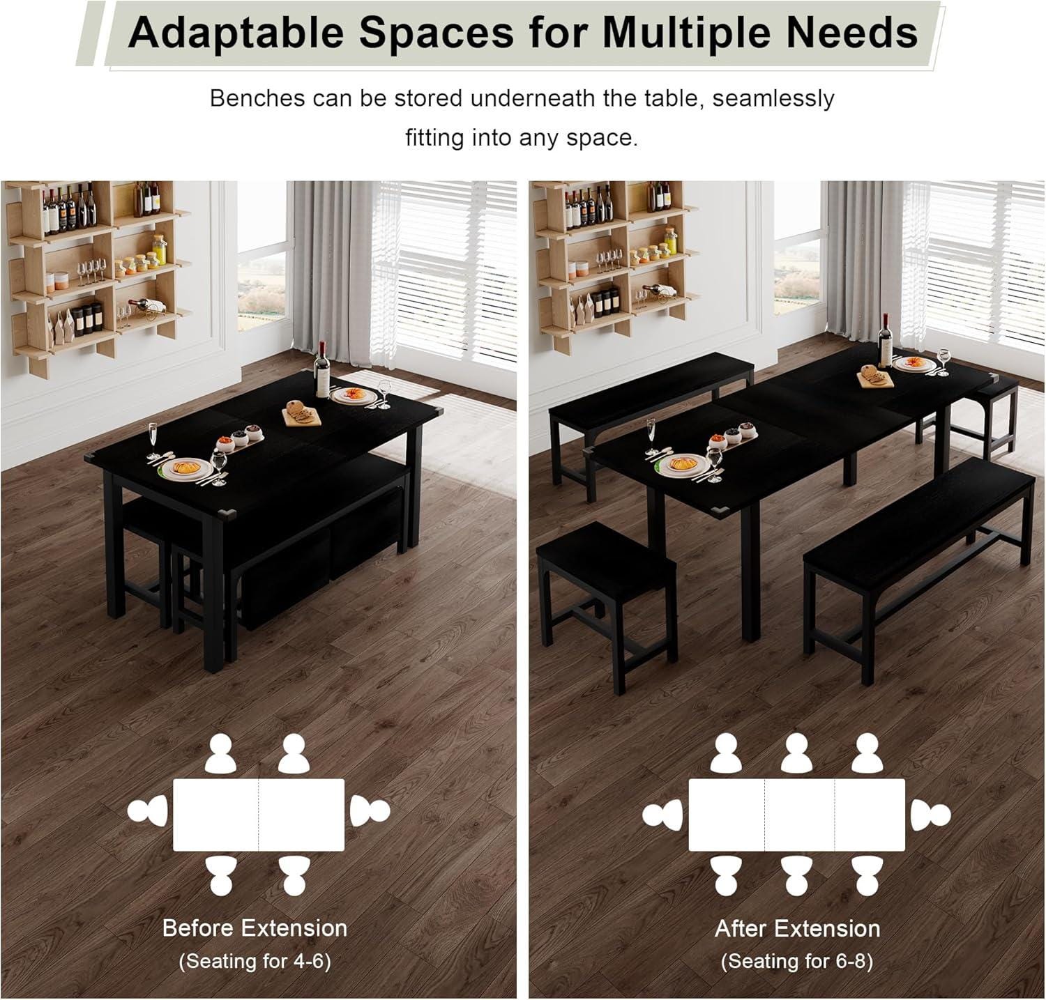 Extendable Dining Table Set for 4-8, 5-Piece Black MDF Wood Kitchen Furniture