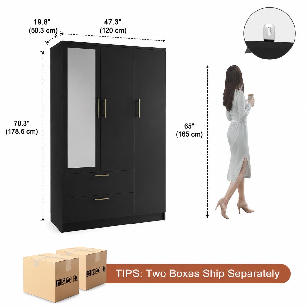 Fluted Style 3 Door Wardrobe Closet with Mirror & LED Lights, Modern Wooden Armoire with Drawers, Bedroom Storage Cabinet with Hanging Rod,