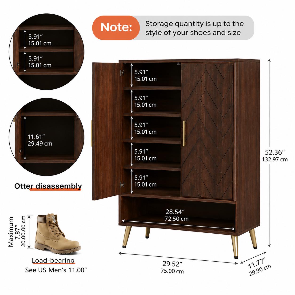 Walnut Shoe Cabinet with Doors, 6 Tier Shoe Storage Organizer, Entryway Shoe Rack Cabinet, Adjustable Shelves, Wooden Shoe Cabinet Hallway