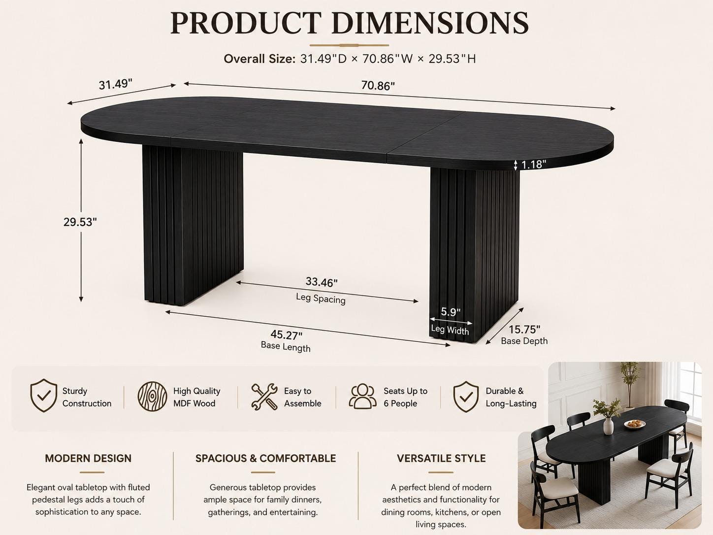 70.8" Oval Dining Table for 4-6 People, Wood Strip Base, Modern Farmhouse Large Kitchen Table for Home Living Room, Customized