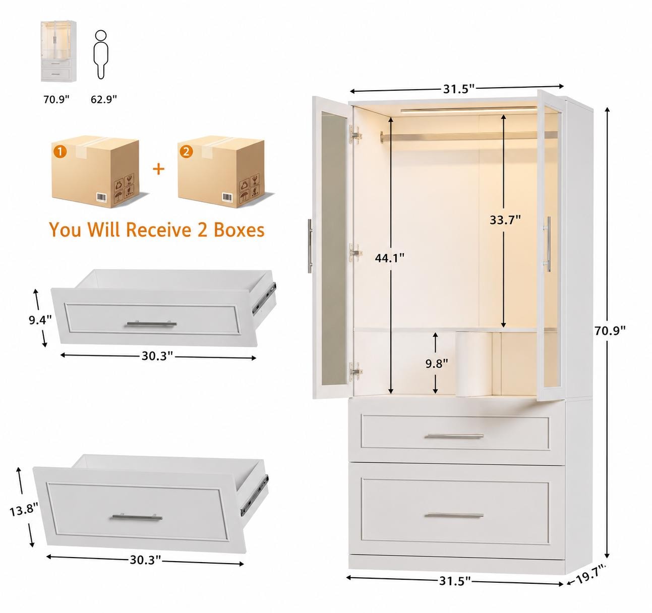 White Armoire Wardrobe Closet, Glass Door, LED Lighting, Bedroom Storage Cabinet