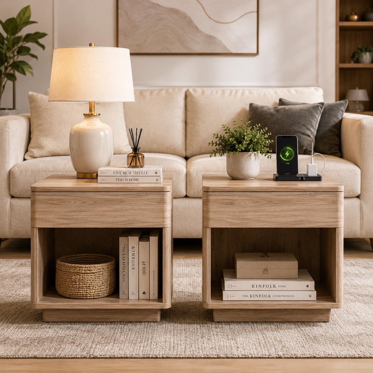 Modern Nightstand Set of 2 with Charging Station, 22" Wood Bedside Tables, Large Drawer & Open Storage Shelf, Bedroom End Tables