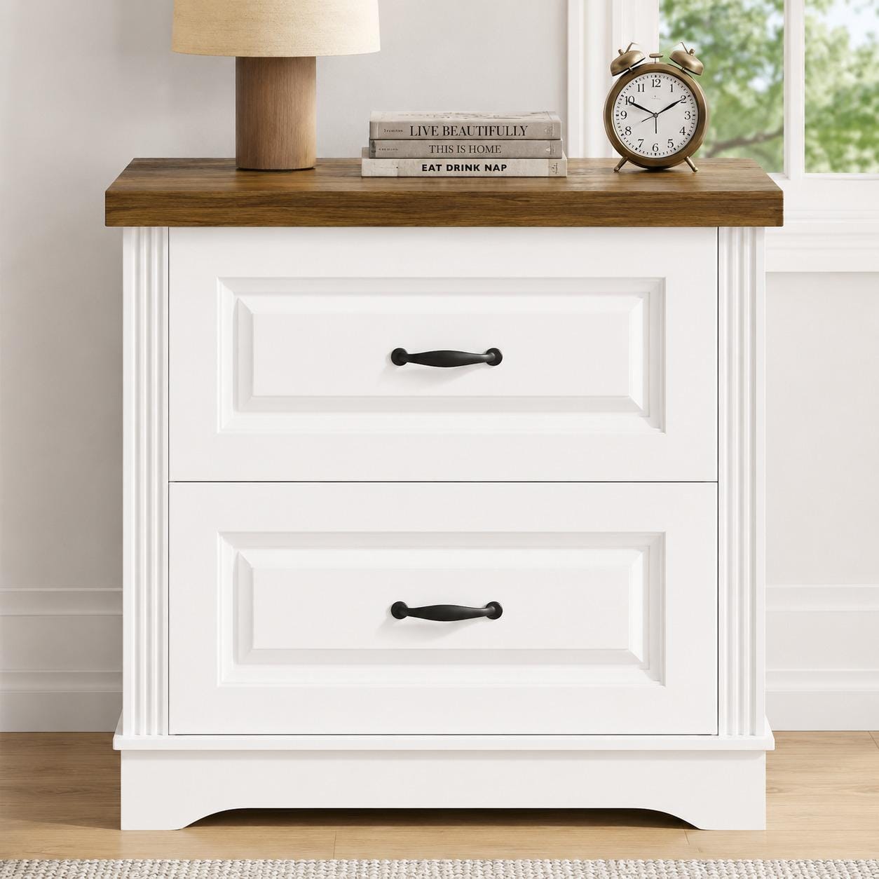 Farmhouse Nightstand, 24" Wide End Table With Two Drawers, White Cabinet Natural Wood Top